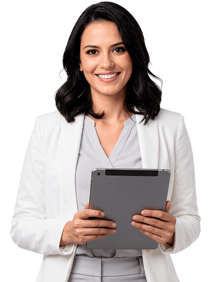 Profesional sonriente blazer blanco tableta lineas atención